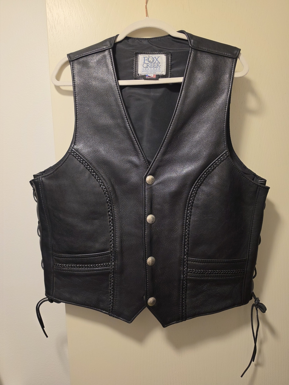 Men's Black Leather Biker Vest with Braided Detailing